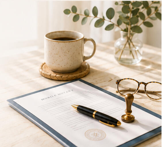 Notary documents with pen and stamp on a table